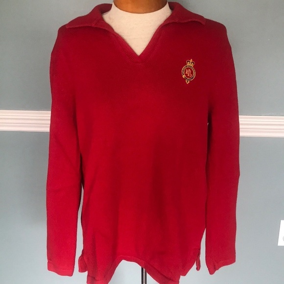 Classic Lauren Ralph Lauren red crest pop over polo collar cotton sweater. Sz L. - Picture 1 of 9